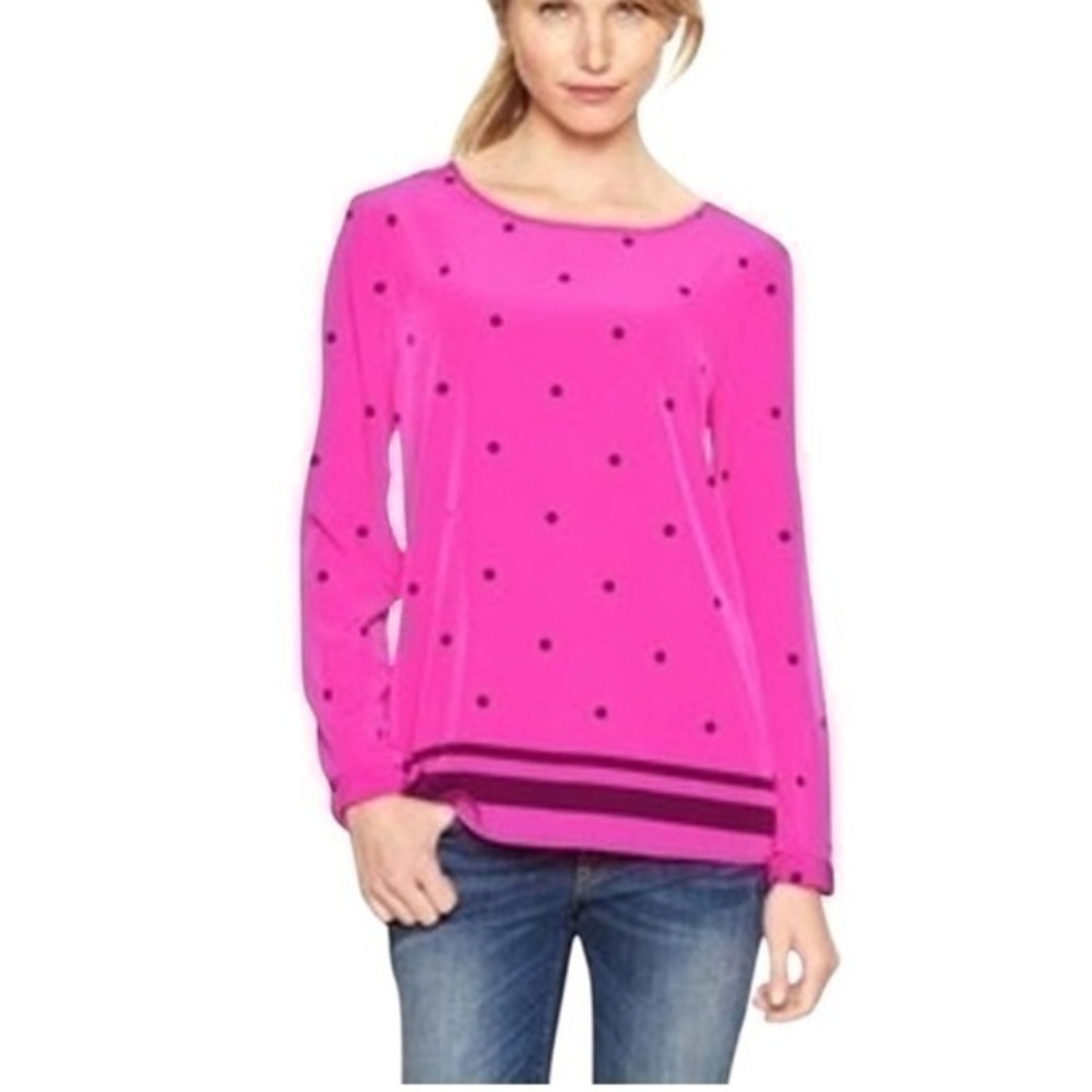 Gap Bright Pink And Maroon Polka Dot Stripe Blouse